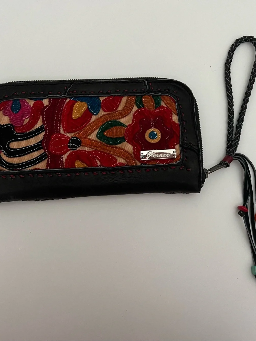 PRANEE Black Leather Wristlet with Multicolor Embroidered Panel